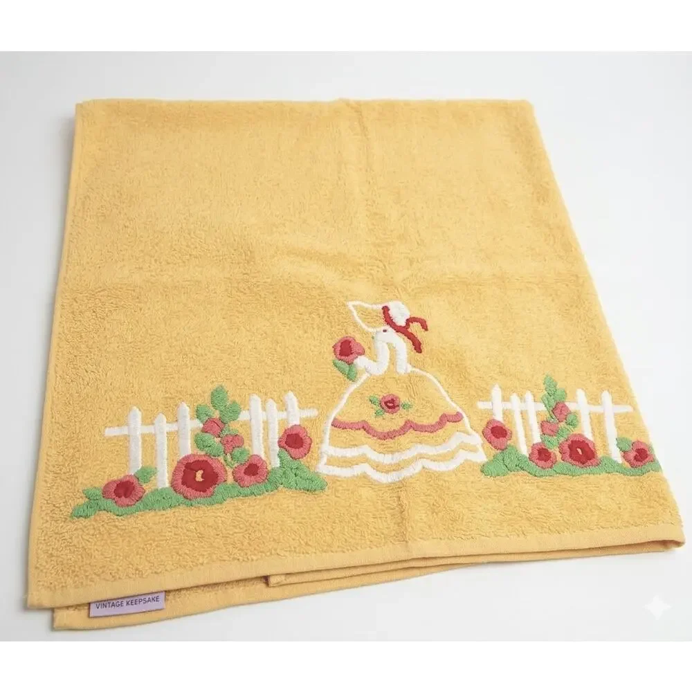 Vintage Martex Yellow Punch Needle Bath Towel Southern Belle Lady
